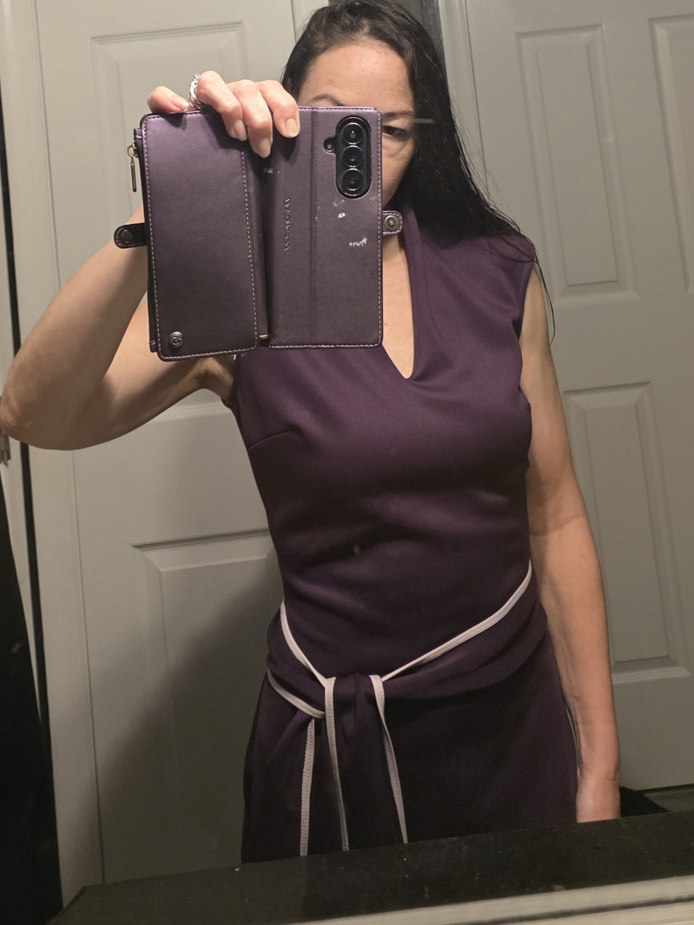 Sleeveless Purple Sheath Dress with Contrast Tie